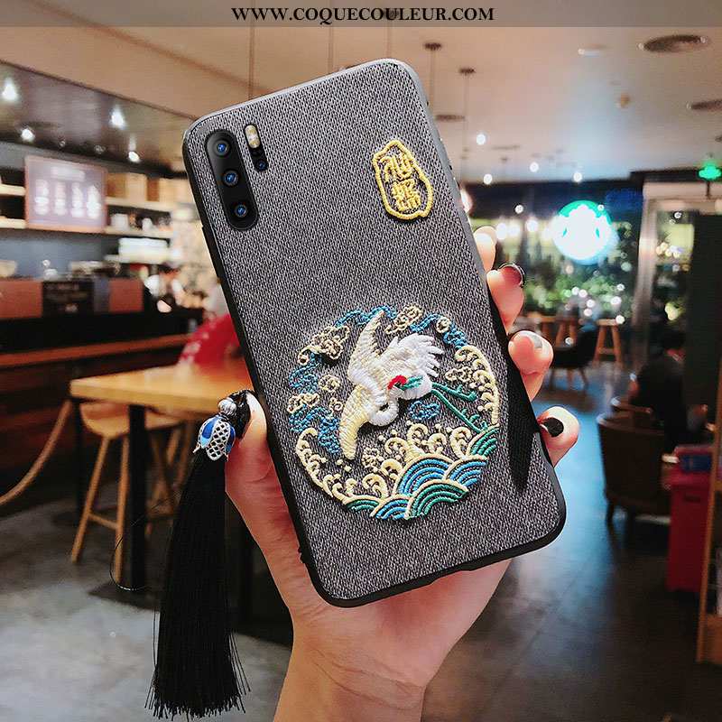 Étui Huawei P30 Pro Broderie Style Chinois Téléphone Portable, Coque Huawei P30 Pro Gaufrage Grue Gr