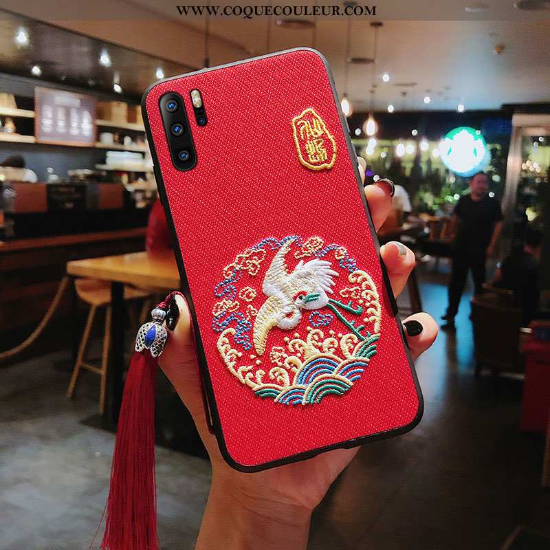 Étui Huawei P30 Pro Broderie Style Chinois Téléphone Portable, Coque Huawei P30 Pro Gaufrage Grue Gr