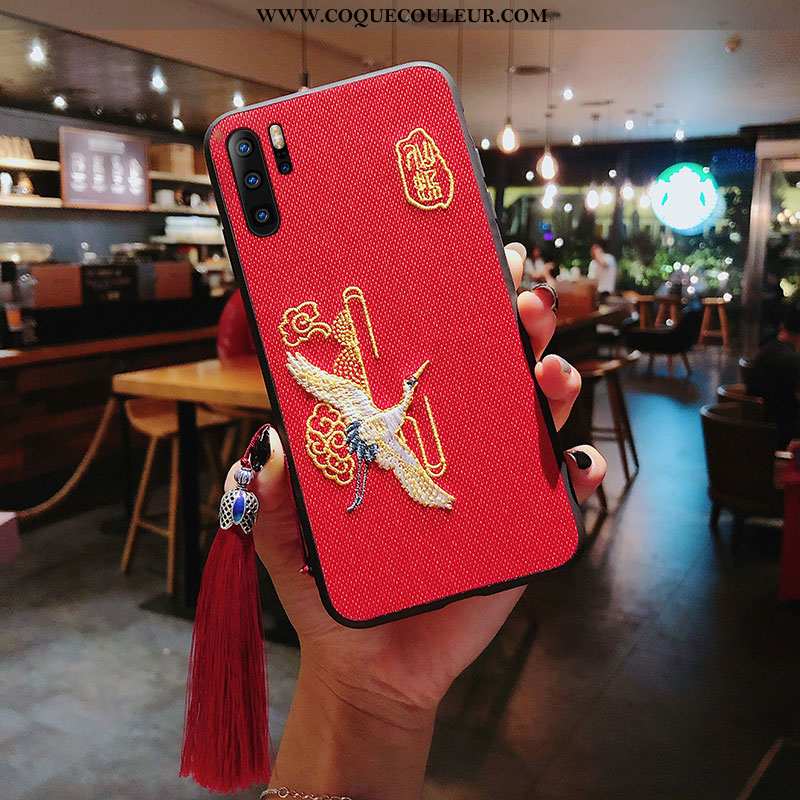 Étui Huawei P30 Pro Broderie Style Chinois Téléphone Portable, Coque Huawei P30 Pro Gaufrage Grue Gr