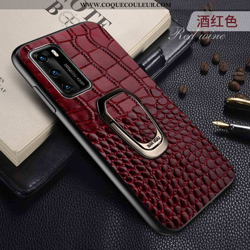 Étui Huawei P40 Créatif Protection Personnalité, Coque Huawei P40 Cuir Véritable Anneau Bordeaux