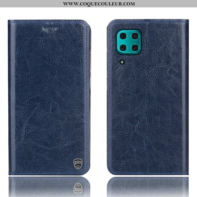 Housse Huawei P40 Lite Protection Étui Housse, Huawei P40 Lite Cuir Véritable Coque Bleu Foncé