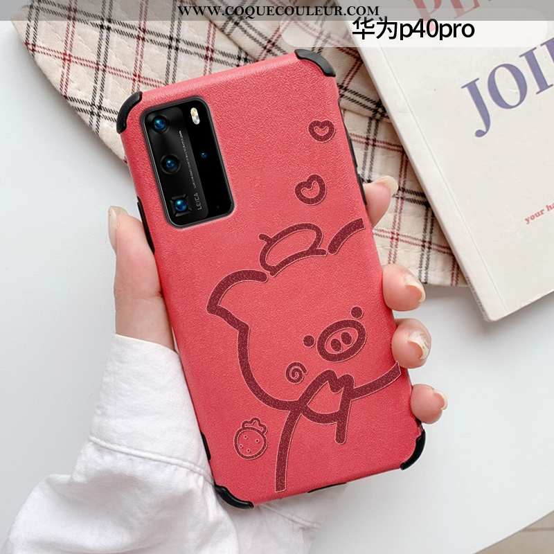 Coque Huawei P40 Pro Tendance Étui Dessin Animé, Housse Huawei P40 Pro Cuir Créatif Rouge