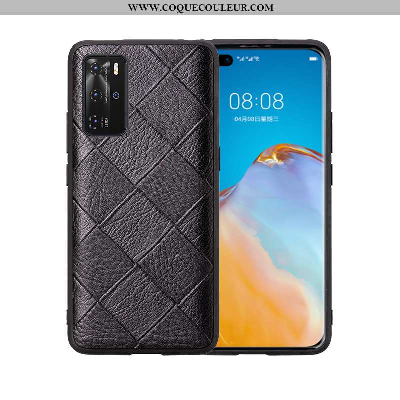 Coque Huawei P40 Pro Créatif Tout Compris Tendance, Housse Huawei P40 Pro Cuir Véritable Simple Noir