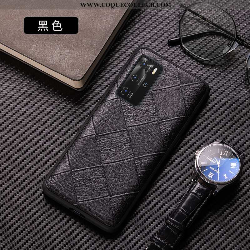 Coque Huawei P40 Pro Créatif Tout Compris Tendance, Housse Huawei P40 Pro Cuir Véritable Simple Noir