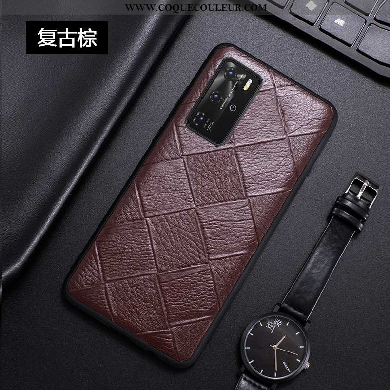 Coque Huawei P40 Pro Créatif Tout Compris Tendance, Housse Huawei P40 Pro Cuir Véritable Simple Noir