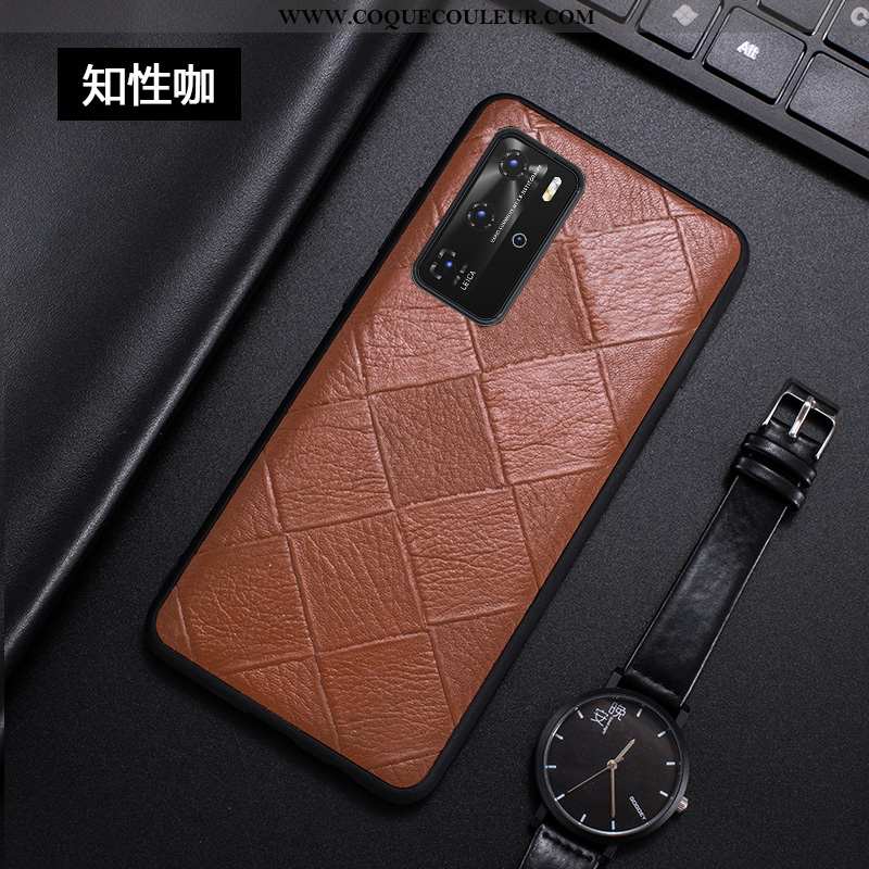 Coque Huawei P40 Pro Créatif Tout Compris Tendance, Housse Huawei P40 Pro Cuir Véritable Simple Noir