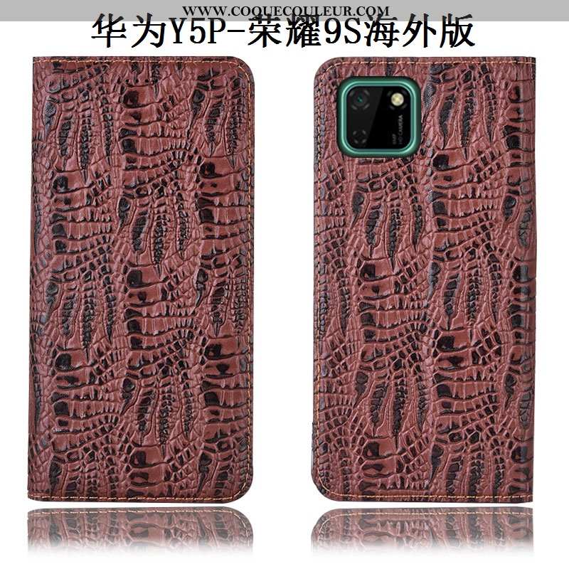 Étui Huawei Y5p Cuir Véritable Incassable Étui, Coque Huawei Y5p Modèle Fleurie Protection Marron