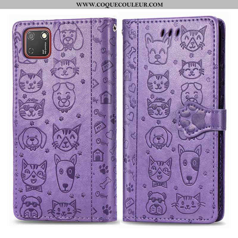 Étui Huawei Y5p Cuir Dessin Animé En Relief, Coque Huawei Y5p Protection Chat Violet