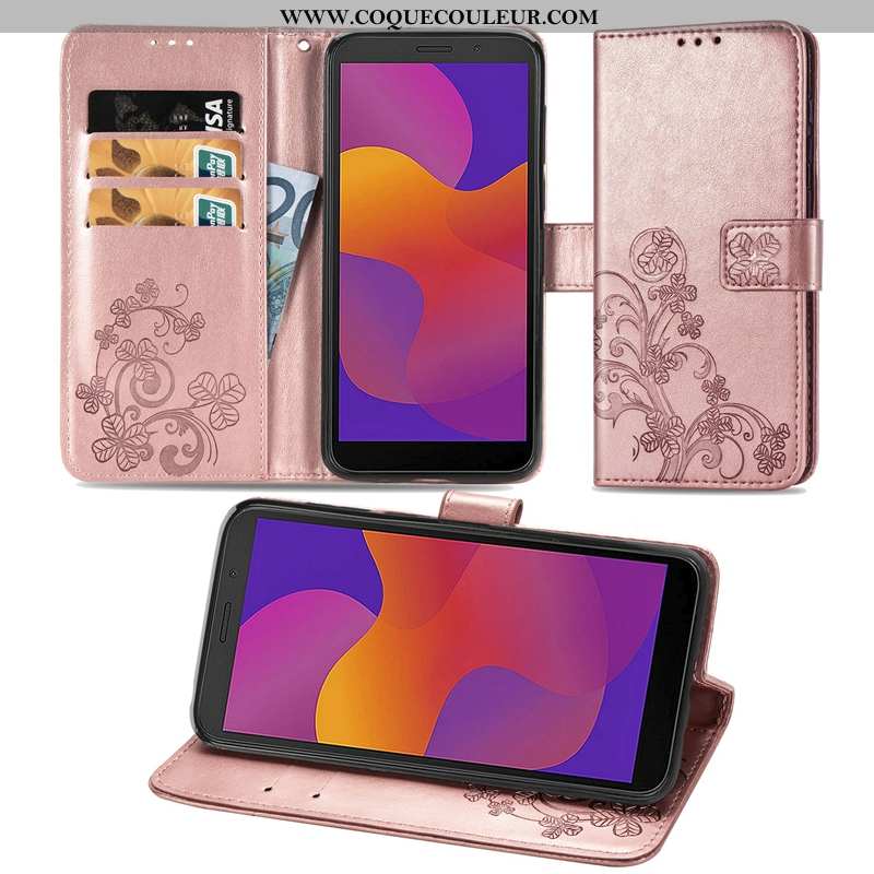 Housse Huawei Y5p Cuir Incassable Clamshell, Étui Huawei Y5p Téléphone Portable Coque Rose