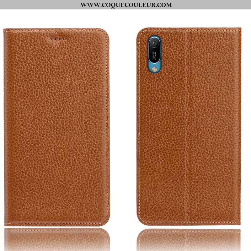 Coque Huawei Y6 2020 Cuir Véritable Litchi Modèle Fleurie, Housse Huawei Y6 2020 Cuir Étui Marron