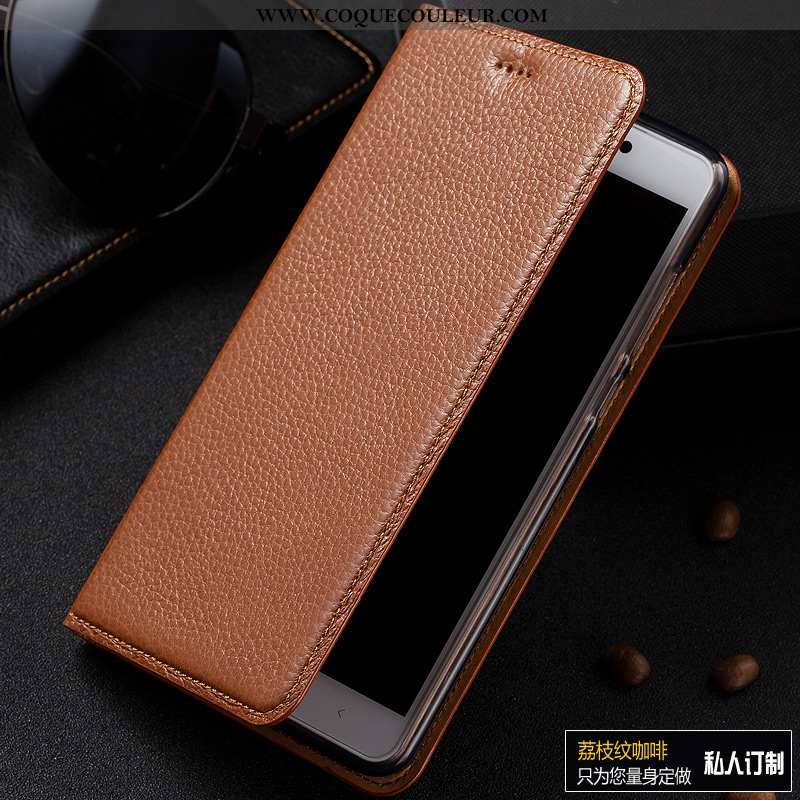 Coque Huawei Y6 2020 Cuir Véritable Litchi Modèle Fleurie, Housse Huawei Y6 2020 Cuir Étui Marron