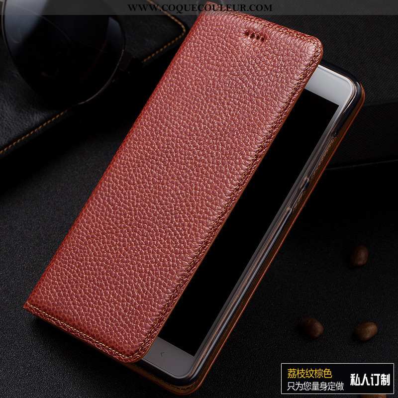 Coque Huawei Y6 2020 Cuir Véritable Litchi Modèle Fleurie, Housse Huawei Y6 2020 Cuir Étui Marron