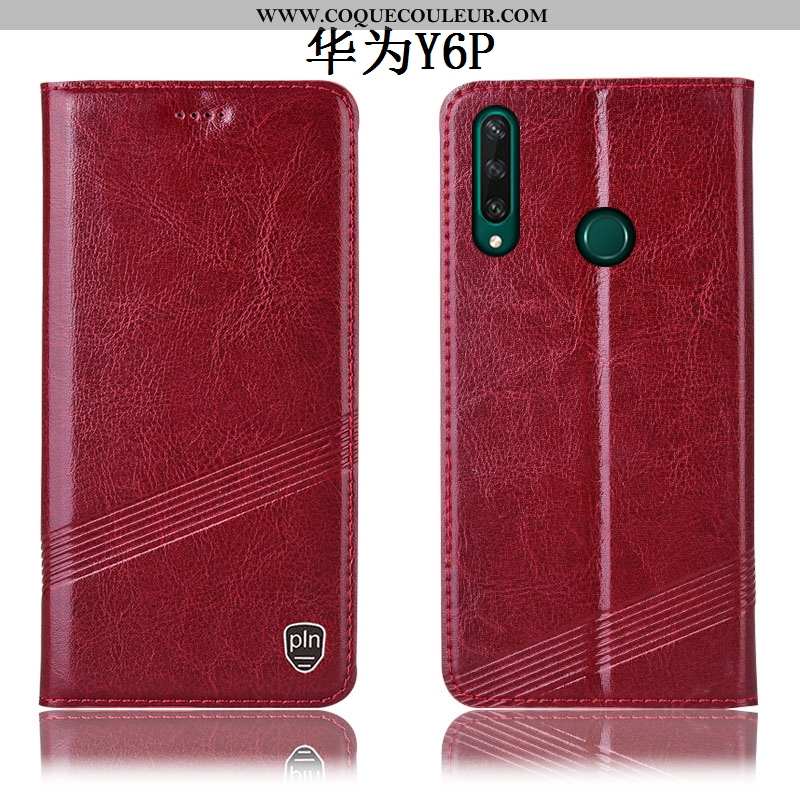 Housse Huawei Y6p Protection Tout Compris Téléphone Portable, Étui Huawei Y6p Cuir Véritable Vin Rou