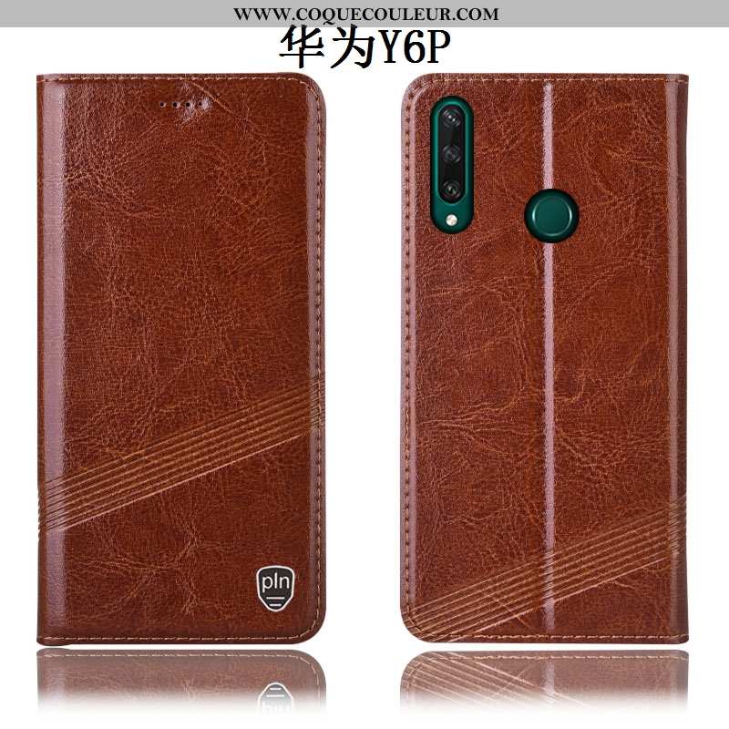 Housse Huawei Y6p Protection Tout Compris Téléphone Portable, Étui Huawei Y6p Cuir Véritable Vin Rou