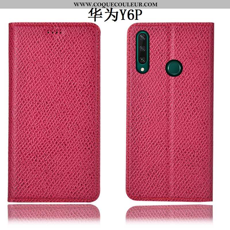 Coque Huawei Y6p Protection Incassable, Housse Huawei Y6p Cuir Véritable Rouge