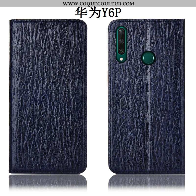 Coque Huawei Y6p Cuir Véritable Téléphone Portable Incassable, Housse Huawei Y6p Protection Bleu