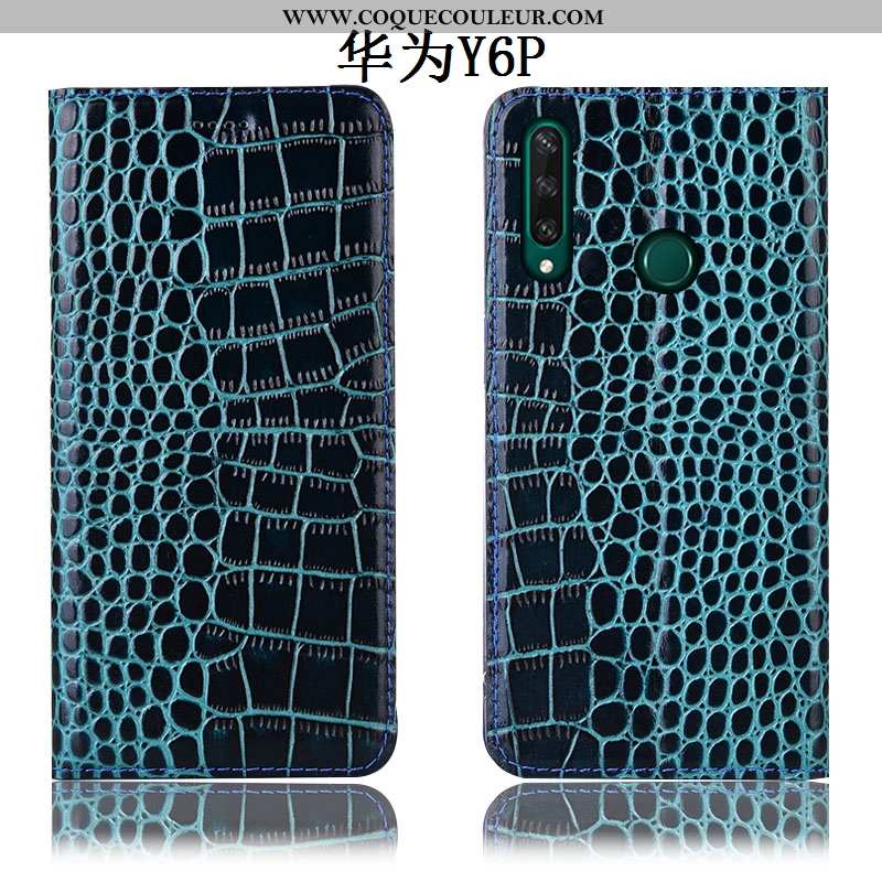 Étui Huawei Y6p Protection Coque Téléphone Portable, Huawei Y6p Cuir Véritable Bleu