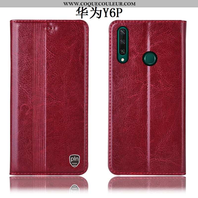 Coque Huawei Y6p Protection Incassable Étui, Housse Huawei Y6p Cuir Véritable Rouge