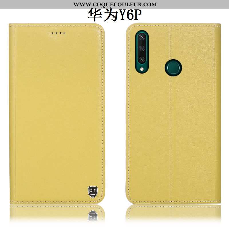 Housse Huawei Y6p Cuir Véritable Étui Coque, Huawei Y6p Protection Jaune