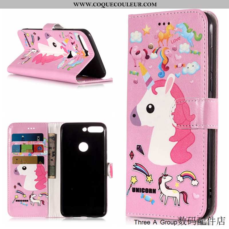 Coque Huawei Y7 2020 Cuir Étui Dessin Animé, Housse Huawei Y7 2020 Protection Rose