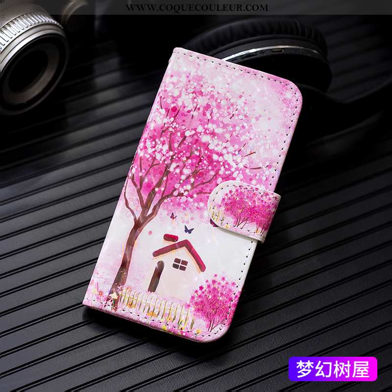 Étui Huawei Y7 2020 Portefeuille Clamshell Rose, Coque Huawei Y7 2020 Cuir Peinture Rose