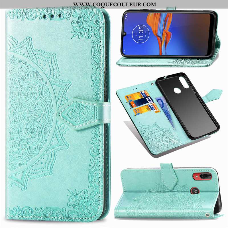 Coque Moto E6 Plus Gaufrage Ornements Suspendus Couleur Unie, Housse Moto E6 Plus Cuir Verte