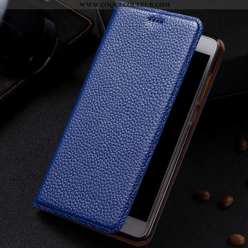 Coque Moto G7 Cuir Véritable Protection Étui, Housse Moto G7 Modèle Fleurie Bleu Foncé