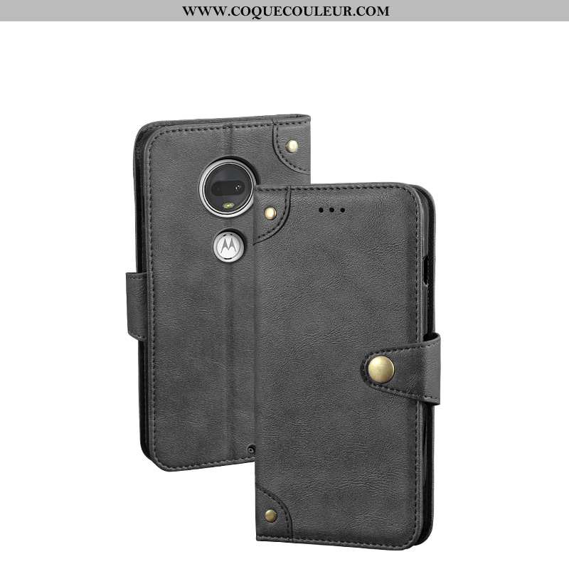 Coque Moto G7 Protection Clamshell Portefeuille, Housse Moto G7 Vintage Cuir Noir