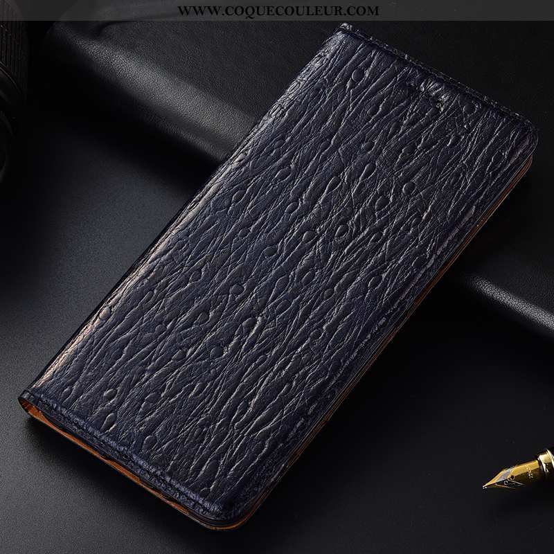 Housse Moto G7 Play Cuir Véritable Modèle Fleurie Europe, Étui Moto G7 Play Cuir Bleu Foncé