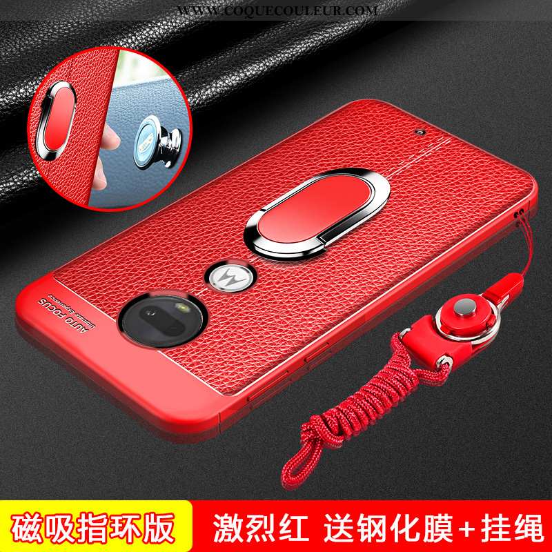 Coque Moto G7 Plus Cuir Anneau Rouge, Housse Moto G7 Plus Modèle Fleurie Net Rouge