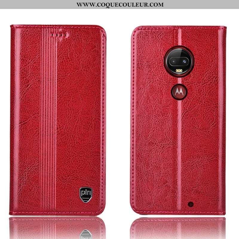 Coque Moto G7 Plus Cuir Véritable Incassable Tout Compris, Housse Moto G7 Plus Protection Rouge