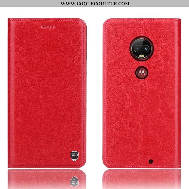 Étui Moto G7 Plus Cuir Véritable Rouge, Coque Moto G7 Plus Protection Incassable Rouge