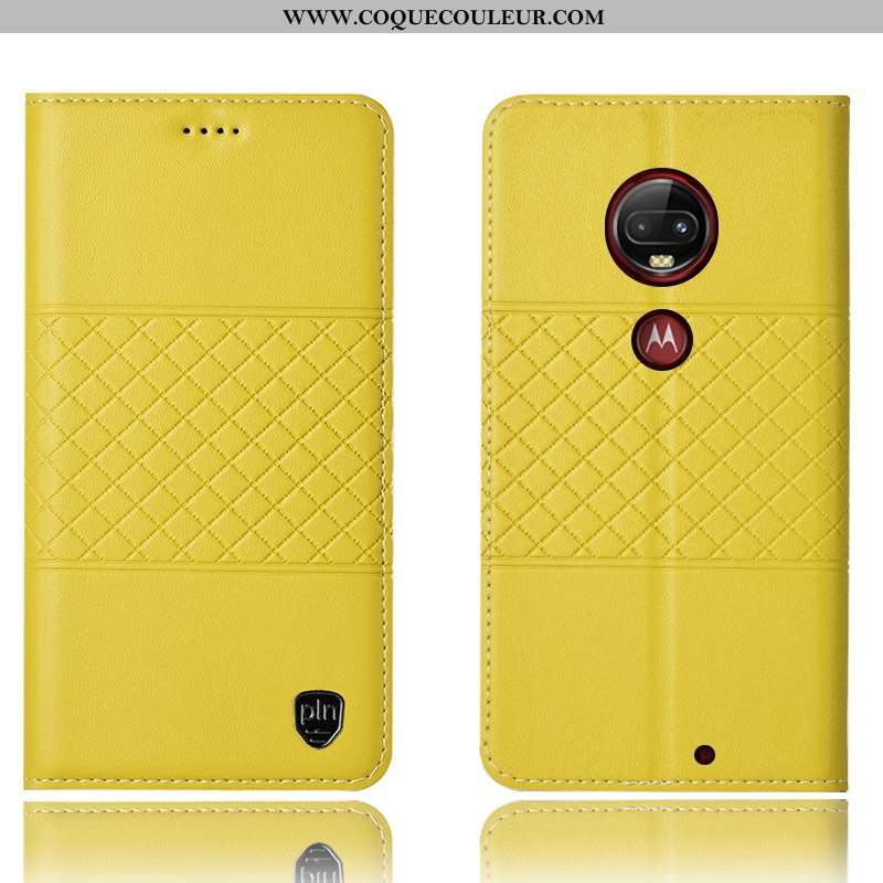 Étui Moto G7 Plus Cuir Véritable Coque Jaune, Moto G7 Plus Protection Jaune