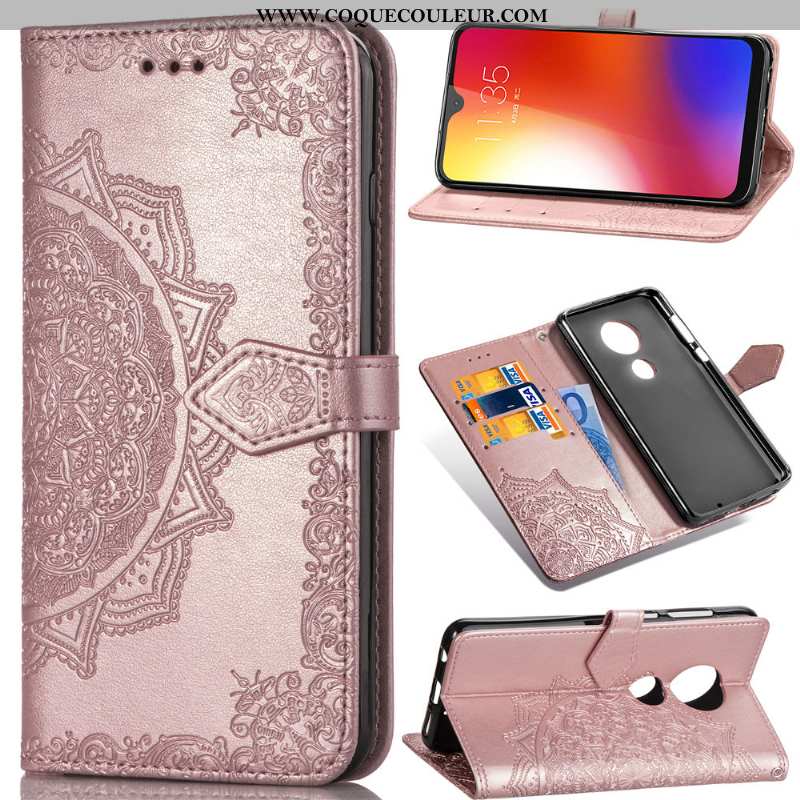 Housse Moto G7 Power Cuir En Relief Rose, Étui Moto G7 Power Protection Rose