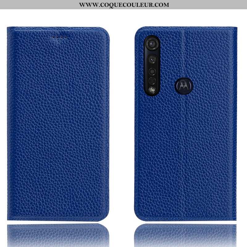 Coque Moto G8 Plus Protection Incassable Litchi, Housse Moto G8 Plus Cuir Véritable Étui Bleu