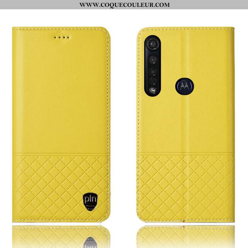 Coque Moto G8 Plus Cuir Véritable Étui, Housse Moto G8 Plus Protection Téléphone Portable Jaune