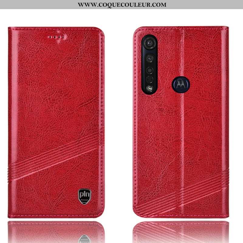 Housse Moto G8 Plus Protection Incassable, Étui Moto G8 Plus Cuir Véritable Rouge