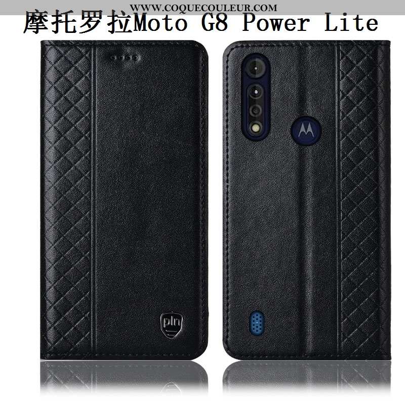 Housse Moto G8 Power Lite Cuir Véritable Coque Incassable, Étui Moto G8 Power Lite Cuir Bleu