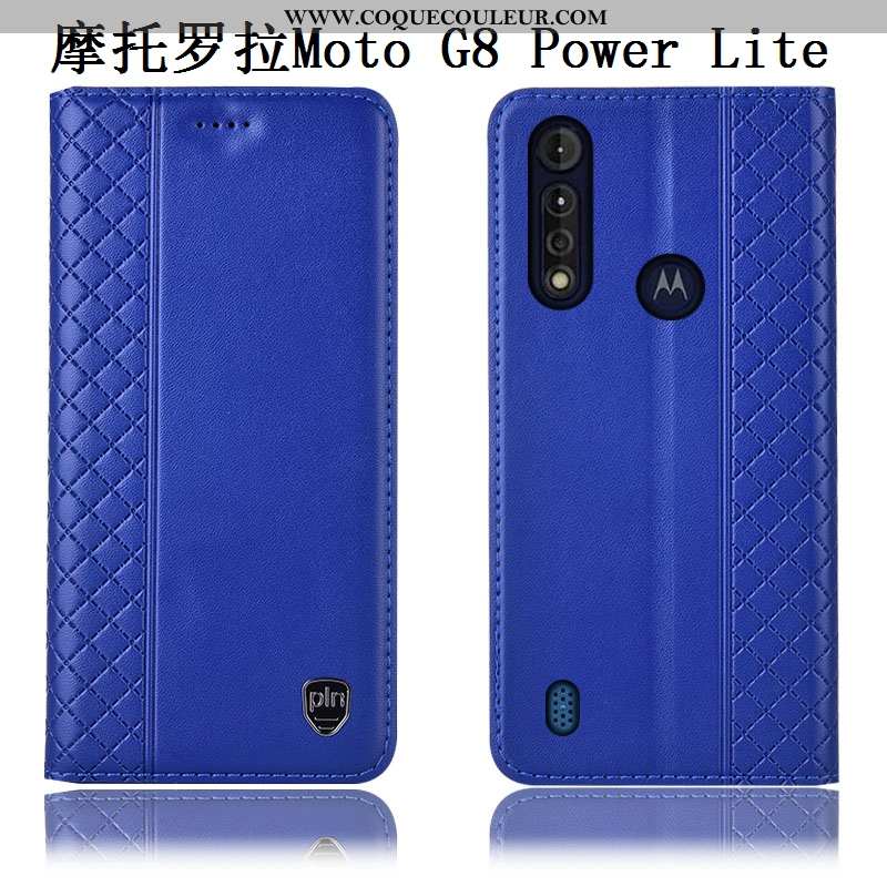 Housse Moto G8 Power Lite Cuir Véritable Coque Incassable, Étui Moto G8 Power Lite Cuir Bleu