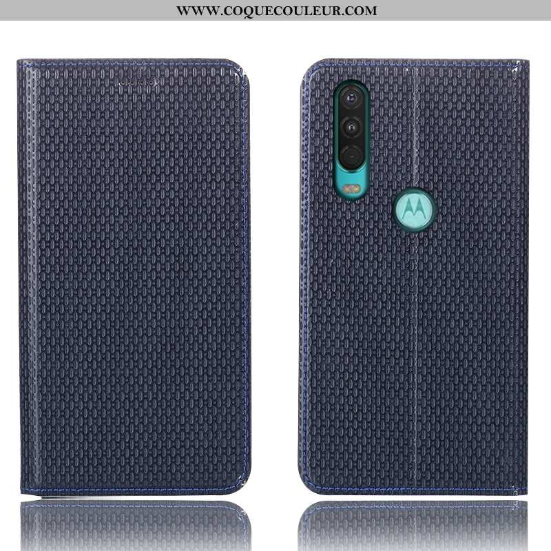 Étui Motorola One Action Cuir Véritable Housse Bleu Marin, Coque Motorola One Action Protection Télé