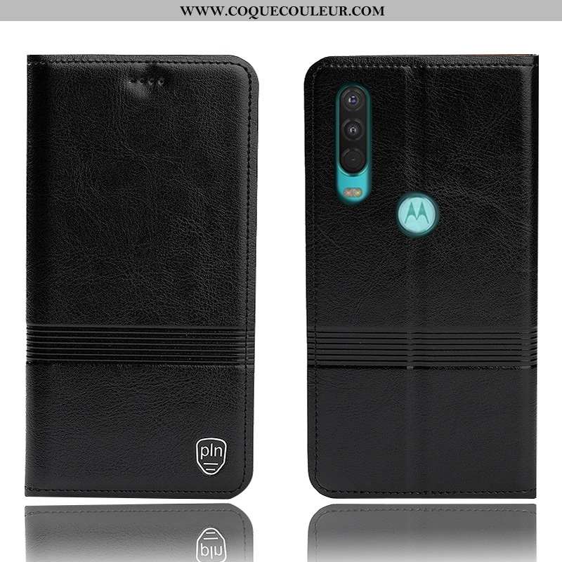 Coque Motorola One Action Protection Noir, Housse Motorola One Action Cuir Véritable Étui Noir