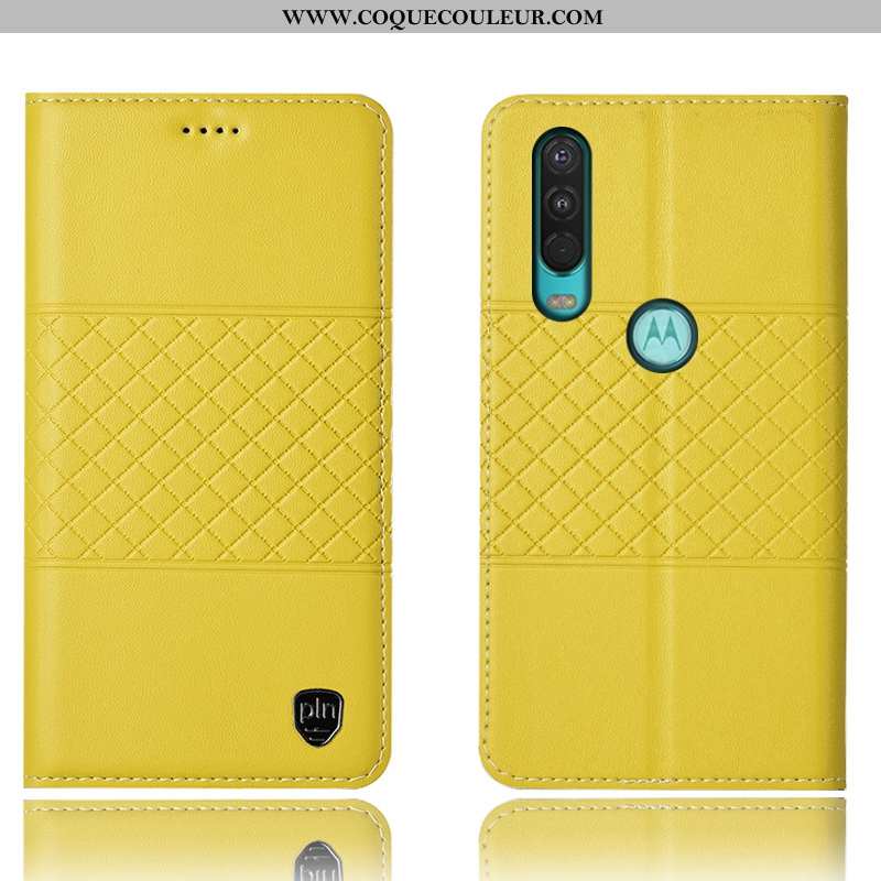 Housse Motorola One Action Cuir Véritable Coque Jaune, Étui Motorola One Action Protection Jaune