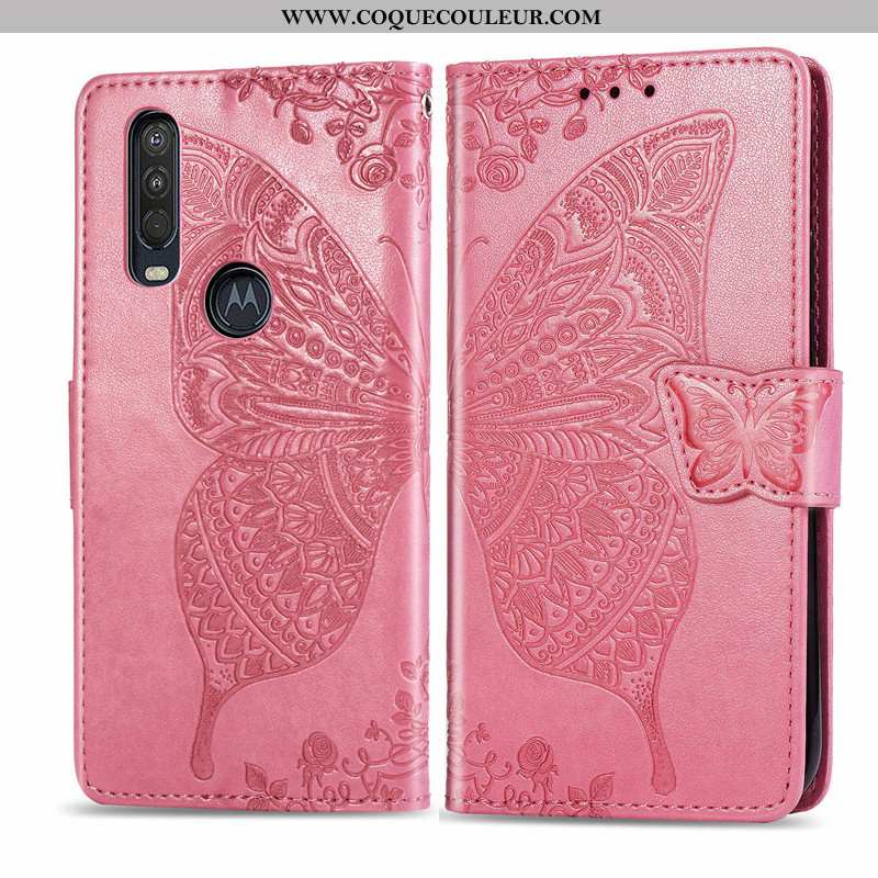 Étui Motorola One Action Cuir Rose Fleur, Coque Motorola One Action Protection Papillon