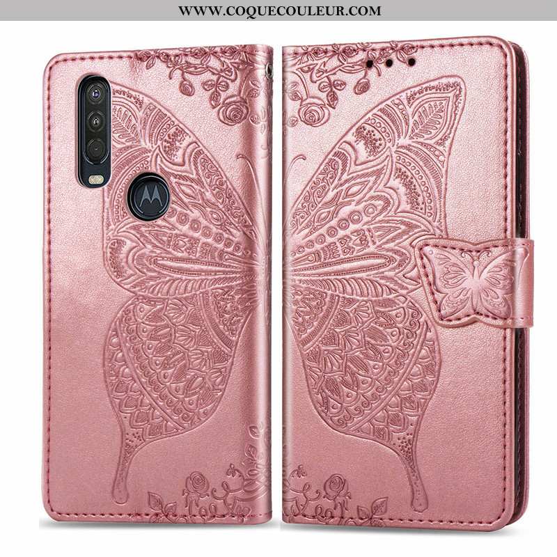 Étui Motorola One Action Cuir Rose Fleur, Coque Motorola One Action Protection Papillon