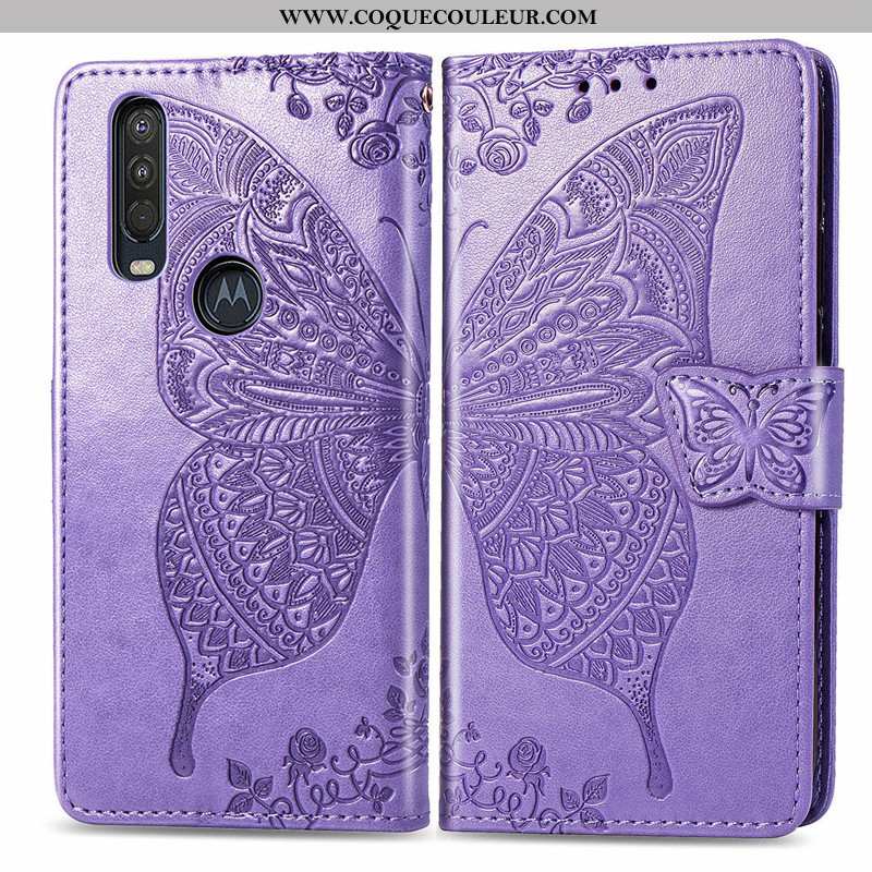 Étui Motorola One Action Cuir Rose Fleur, Coque Motorola One Action Protection Papillon