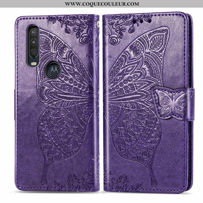 Étui Motorola One Action Cuir Rose Fleur, Coque Motorola One Action Protection Papillon