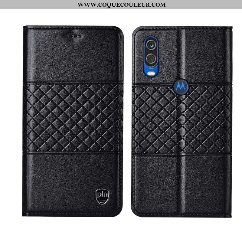 Housse Motorola One Vision Protection Incassable Noir, Étui Motorola One Vision Cuir Véritable Mesh 