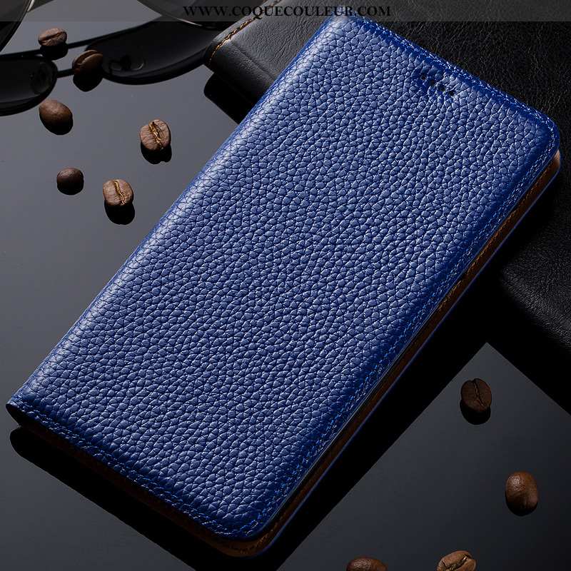 Étui Nokia 2.3 Protection Litchi Incassable, Coque Nokia 2.3 Cuir Véritable Housse Bleu