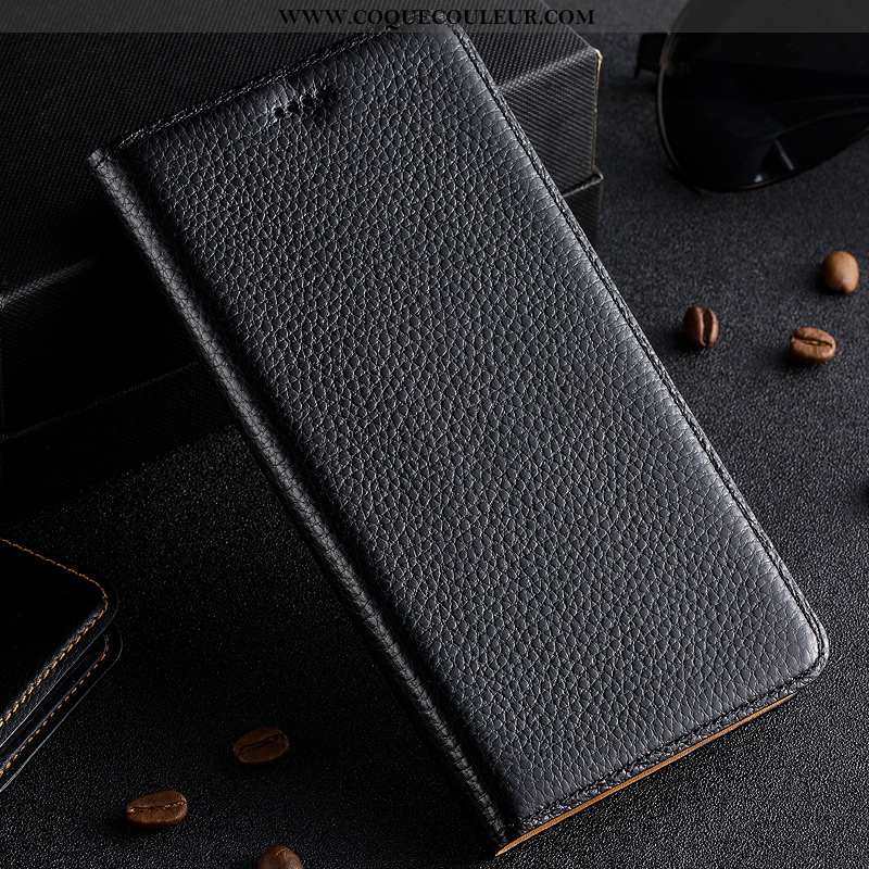 Étui Nokia 3.1 Plus Cuir Véritable Noir, Coque Nokia 3.1 Plus Protection Litchi Noir