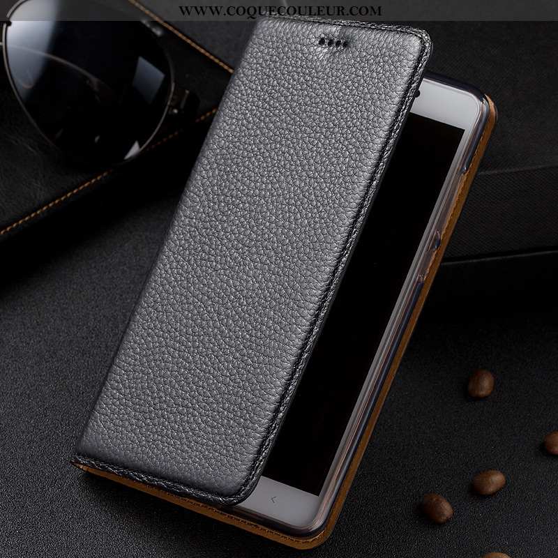 Étui Nokia 3.1 Plus Cuir Véritable Noir, Coque Nokia 3.1 Plus Protection Litchi Noir